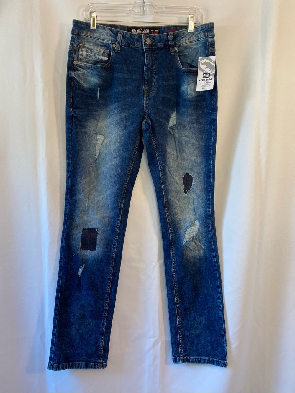 Ecko Unltd Men’s Distressed Dark Blue Denim Jeans 34 Patched Hipster Grunge